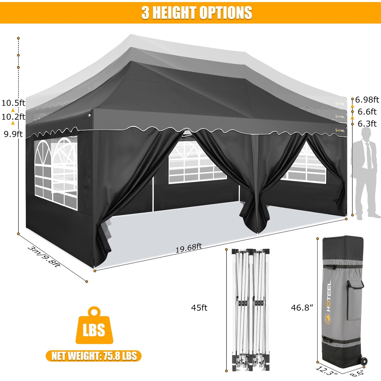 HOTEEL 10x20 Pop Up Canopy with 6 Sidewalls, Easy Setup Party Tent with Wheeled Bag, 4 Weight Bags, Silver Coated Event Shelter for Backyard, Vendor Booths, Black