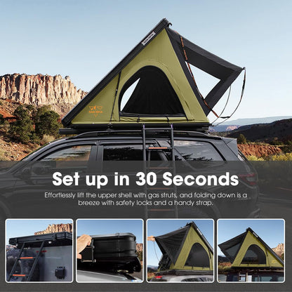 Sanhima Rooftop Tent Hard Shell - Hotham Lite Overland Aluminium Roof Top Tent 4.56" Slimline, w/Tri-Color LED Strip Light & 1.97” Thick Mattress, for Car SUV Truck Camping, 2-3 People (Army Green)