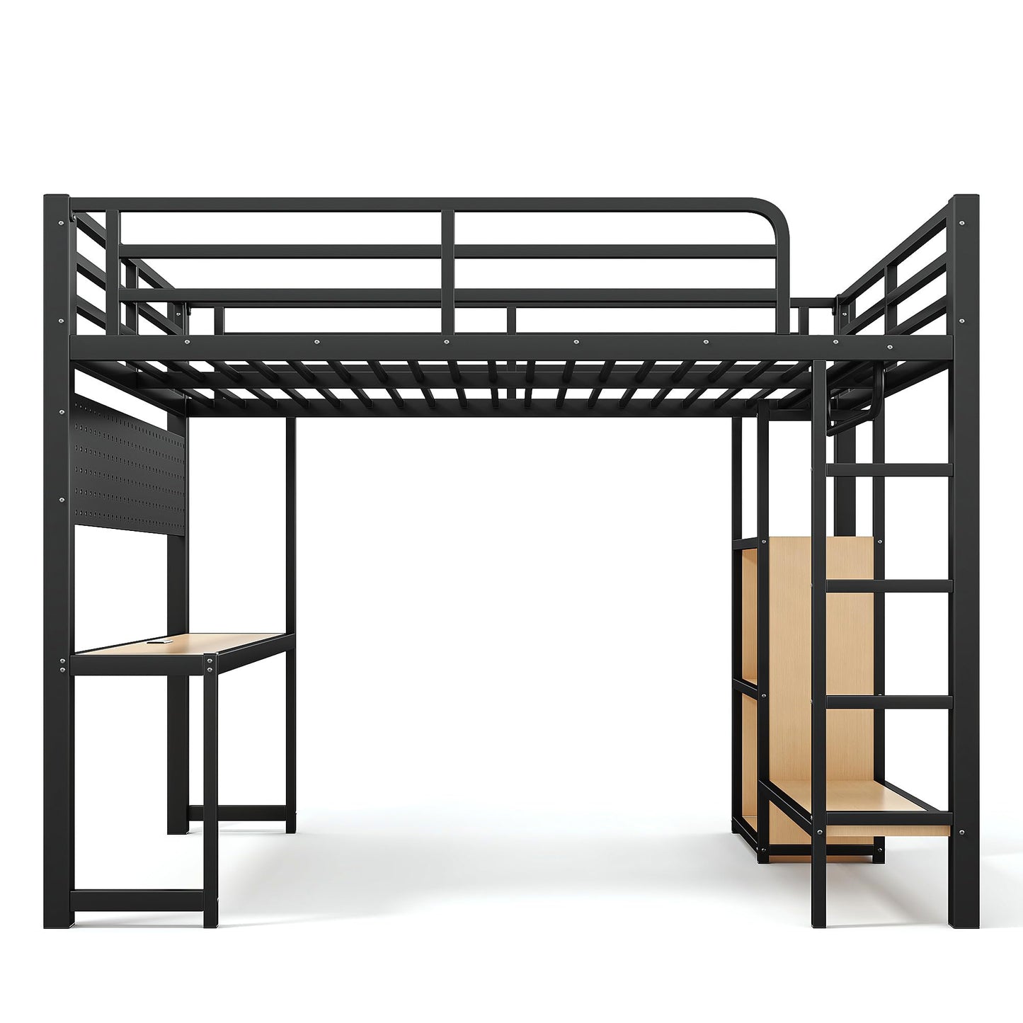 Bellemave Queen Size Loft Bed with Desk,with USB Ports, Lights, and Hanging Rod, Cave Board Design, Metal Queen Loft Bed Frame for Adults, Kids, Teens, Black