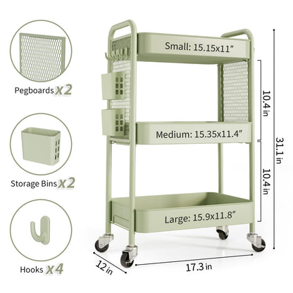 TOOLF 3 Tier Rolling Cart Storage Organizer, Metal Rolling Utility Cart with Wheels, Hooks & Bins Esthetician Craft Art Sturdy Storage with Pegboard for Bathroom, Kitchen, Office, Nursery Diaper
