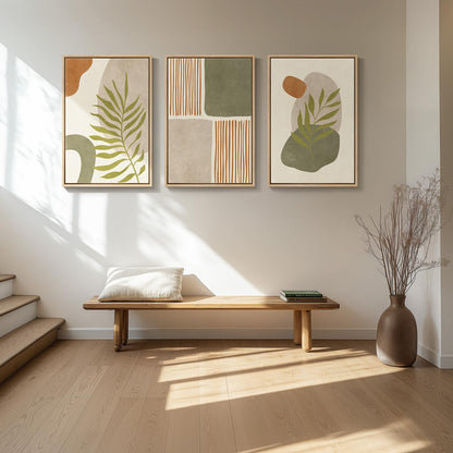 Framed Boho Sage Green Wall Art for Living Room, Large Mid Century Modern Tropical Leaf Canvas Artwork for Walls, 3 Piece Beige Orange Bohemian Wall Art Prints for Bedroom Kitchen Hallway, 16x24 Inch