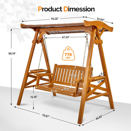 VINGLI Porch Swing with Stand, Porch Swing with Canopy, Waterproof Patio Swing with Cup Holder, Outdoor Swing Set for Garden, Yard, Patio, Teak