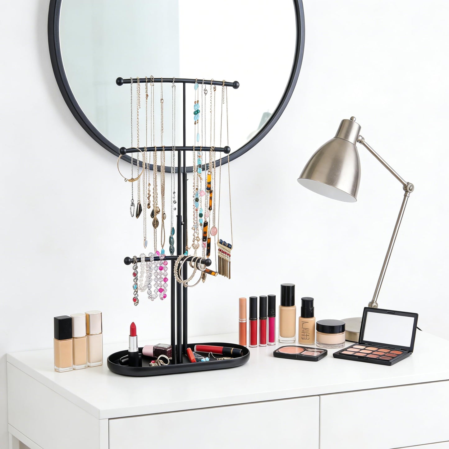 SZQINJI Jewelry Stand Organizer, Metal Jewelry Tree Holder 3-Tier Jewelry Storage Tower for Necklace Display, Earring Hanging Black, Christmas Gift