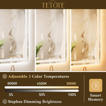 TETOTE 72 x 36 Inch Led Lighted Mirror for Bathroom Wall, Extra-Bright Beveled Bathroom Vanity Frontlit & Backlit Frameless Mirror with 3-Color Lights, Defogging, Tempered Glass, Waterproof
