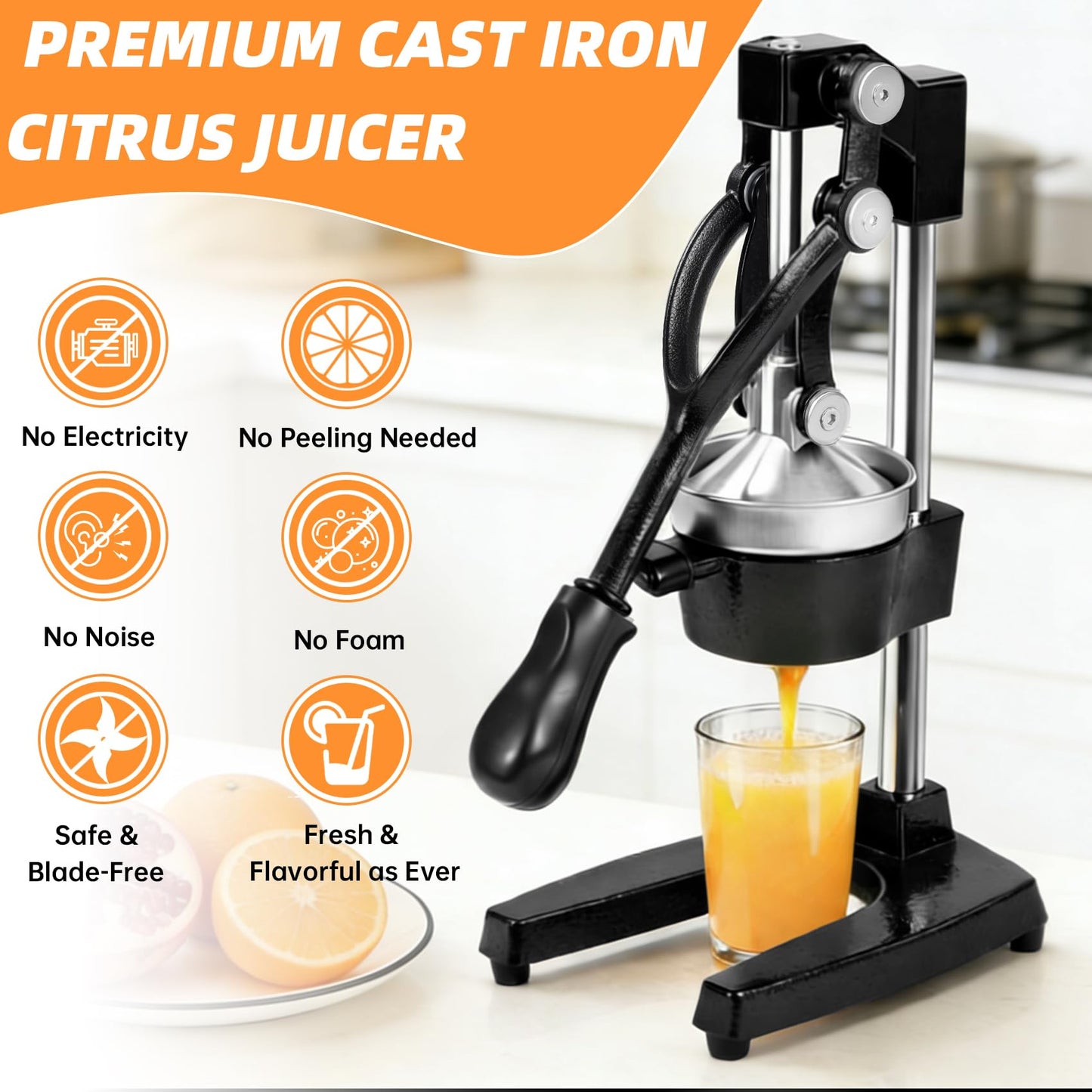 Yopmb Cast Iron Manual Citrus Juicer, Heavy Duty Hand Press Juicer for Orange, Lemon and Pomegranate, Orange Juicer for Countertop, Commercial Grade for Home Kitchen and Bar, Easy to Use and Clean