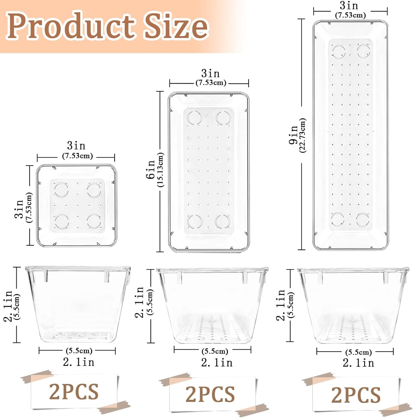 6 Pack Clear Drawer Organizer Set, Versatile Acrylic Storage Trays for Bathroom, Vanity, Makeup, Office