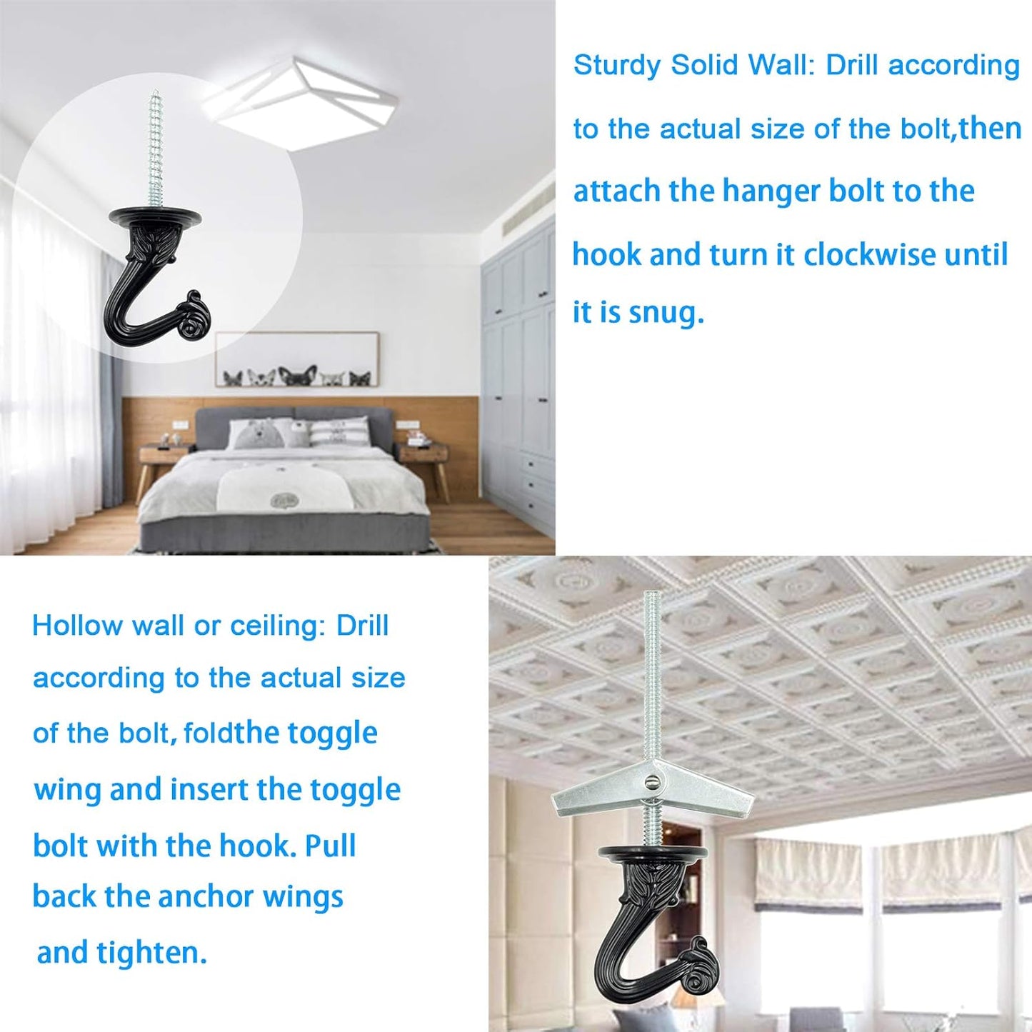 Hxchen 38mm/1.5" Heavy Duty Ceiling Hooks - Swag Hook with Steel Screws for Hanging Plants, Black (2 Sets)