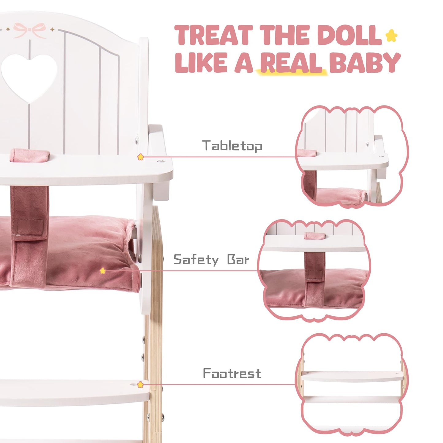 ROBUD Play High Chair, Pretend Play High Chair with Cushion, Movable Table, Wooden Baby Doll Accessories, Fits 18-20 Inch Dolls, White