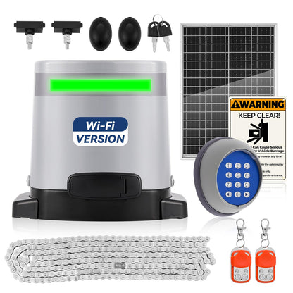 1300lbs Solar Sliding Gate Opener Chain Drive with Built-in Backup Battery, WiFi Remote Control, IR Sensor, Keypad, Automatic Gate Motor, Off-Grid Operation with Solar Panel