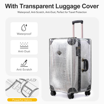 universal trotter 3-Piece High-Capacity Lightweight Vintage PU Leather Luggage Set (20/24/28 Carry-on & Checked), Water-Resistant PU Trunk Style, 360° Spinner Wheels (Silver)