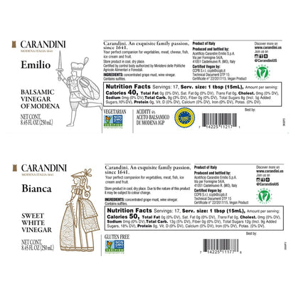 Carandini Emilio Silver Balsamic Vinegar of Modena PGI & Bianca Sweet White Vinegar Combo Set, Premium Italian Vinegars, Perfect for Mother's Day Gift | Made in Italy - 8.45 fl oz (2 Bottles)