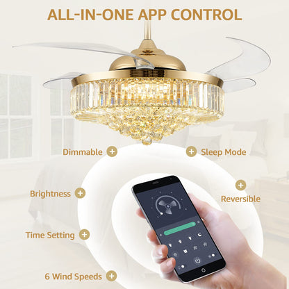 MOOONICHE 52 Inch Crystal Ceiling Fan with Light and Remote Modern Dimmable Fandelier Invisible Retractable Chandelier Fan Gold for Bedroom Living Room