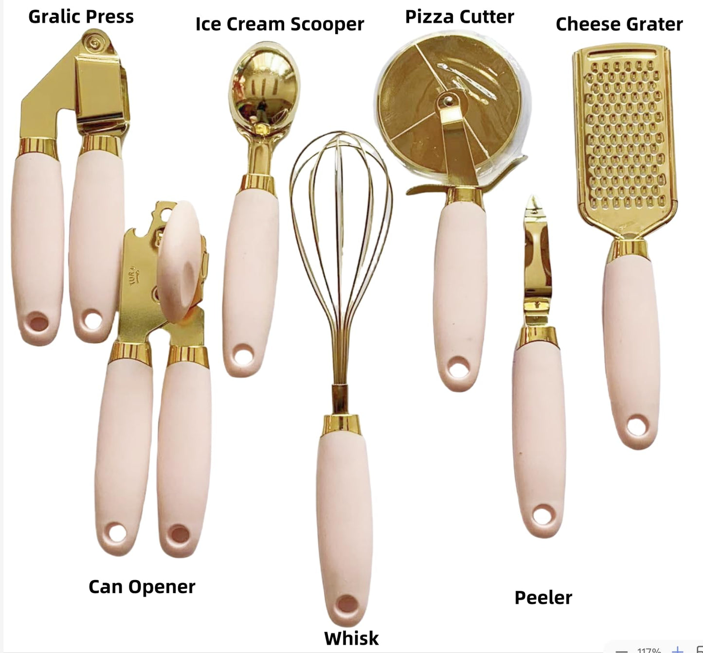 White & Gold Kitchen Tools and Gadgets - Luxe 7PC Cooking Tools and Gadgets with Anti-Slip Handles, Utensils Set, Gold Kitchen Accessories,Premium Kitchen Gadget Set (Champagne gold & pink)