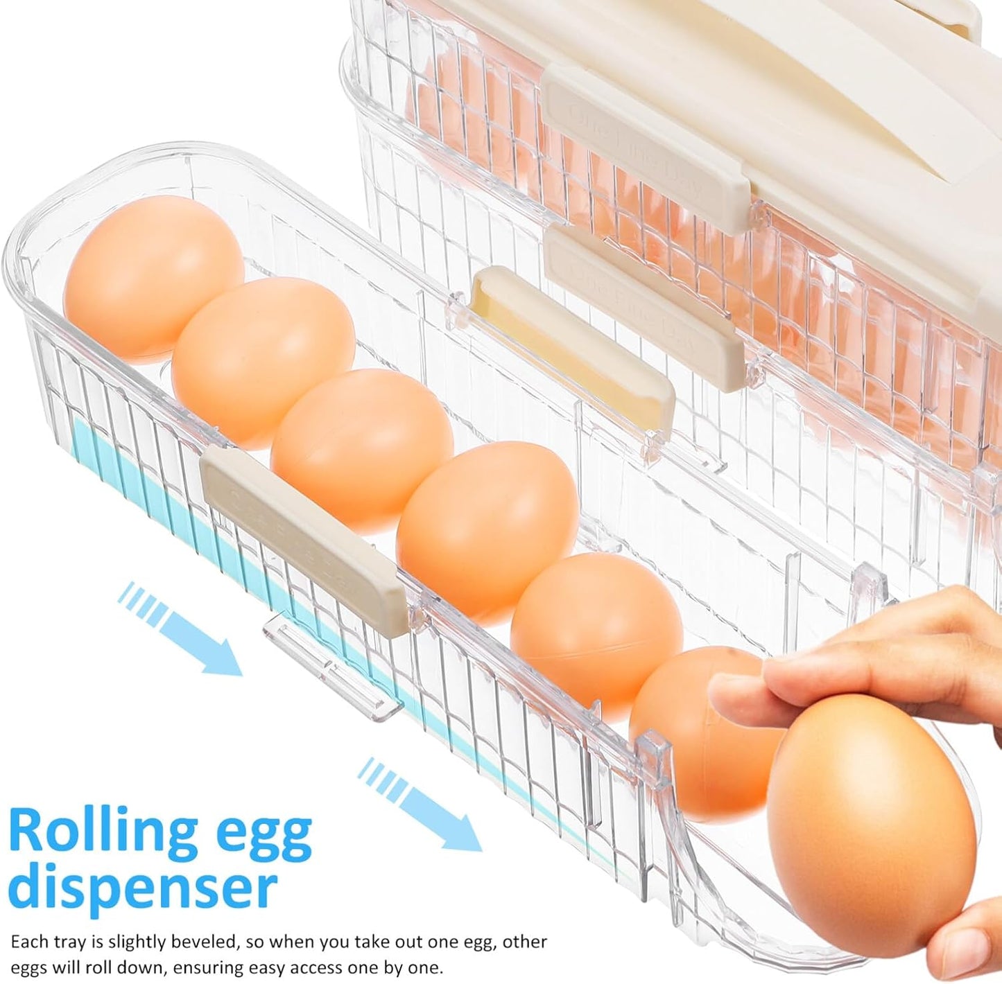 HEMOTON Rolling Egg Holder for Refrigerator - 3 Tiers Automatic Egg Dispenser Organizer for Fridge, 21 Count