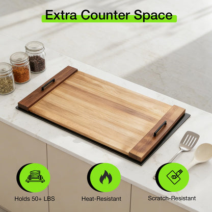 Noodle Board Stove Cover with Handles, 30 X 22 X 2.1" Wooden Stove Top Cover, Multifunctional Stove Cover for Electric&Gas Stove Top (Brown)