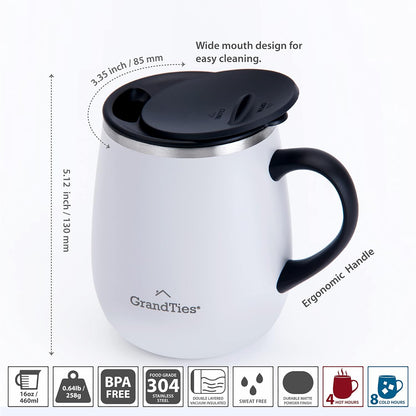 GRANDTIES Insulated Coffee Mug with Handle, 16 oz Sliding Lid for Splash-Proof Thermal Tumbler, Double Walled Vacuum