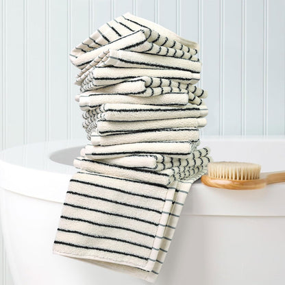 12 Pack, 13 13 Jacquotha Striped Cotton Washcloths x - Soft Wash Cloths for Bathroom, Kitchen, Gym, Face, Black