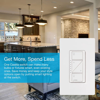 Lutron Caseta Original Smart Dimmer Switch With Wallplate (Lutron Smart Hub Required), for LED Lights, 150 Watt, Single-Pole/3-Way, No Neutral Required, PDW-6WCL-WH-A, White