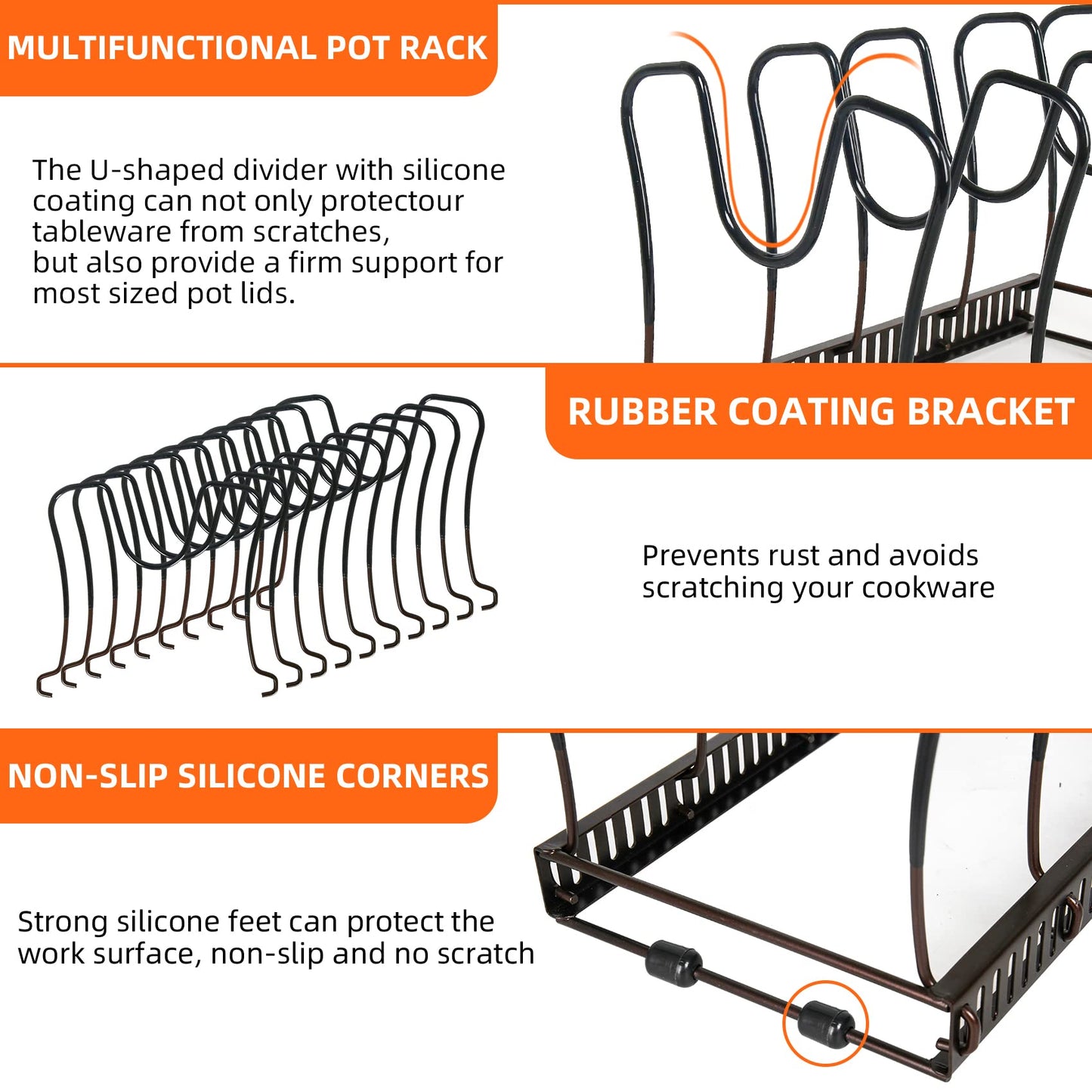 Pot Rack Organizer -Expandable Pot and Pan Organizer for Cabinet,Pot Lid Organizer Holder with 10 Adjustable Compartment for Kitchen Cabinet Cookware Baking Frying Rack,Bronze