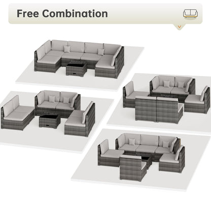 LHBcraft 7 Piece Patio Outdoor Furniture Set, Outdoor Sectional, All-Weather Hand-Woven Wicker Patio Sectional Sofa, Rattan Outside Furniture with Grey Cushion and Glass Coffee Table