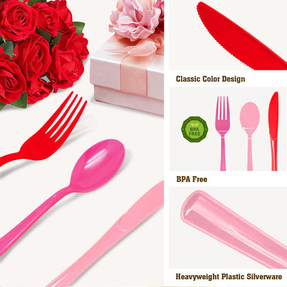153 Pcs Valentine's Day Plastic Silverware Heavy Duty Disposable Tableware Sets Includes Spoons Forks Knives for Valentine's Day Party Decorations (Pink, Hot Pink, Red)