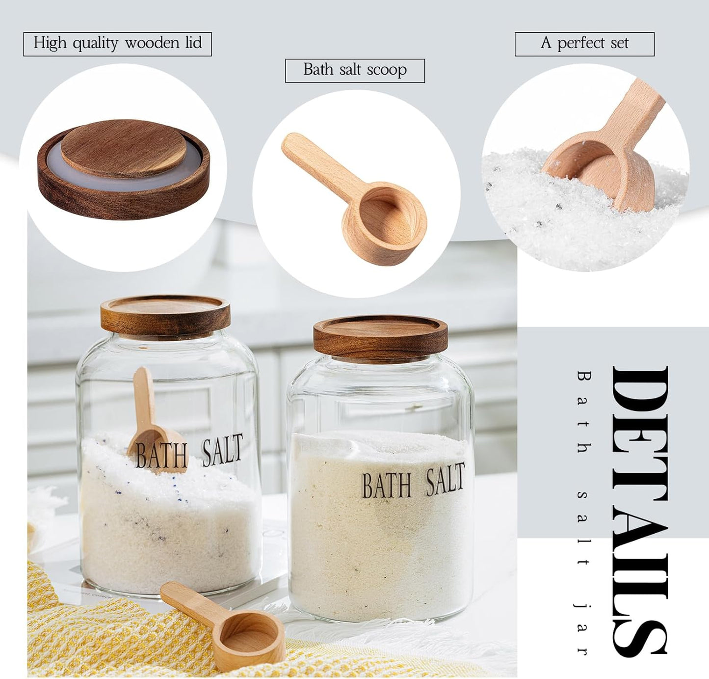 1 Sets 74 oz SiliFine Large Bath Salt Container with Wooden Scoop for Glass Bath Salt Jar with Airtight Lid Storage