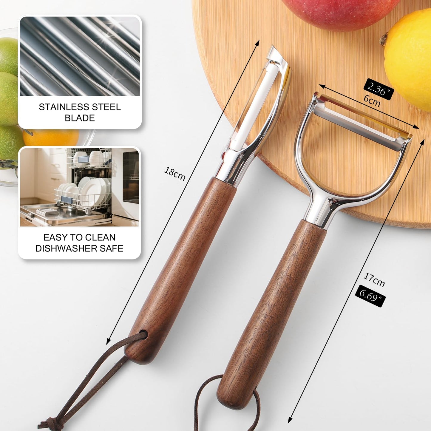 Vegetable Peeler Set, 2-Pack Potato Peelers (Straight + Y Peeler), Swivel Blades, Sharp Stainless Steel, Walnut Wood Handle, Fruit & Veggie Peeler for Kitchen