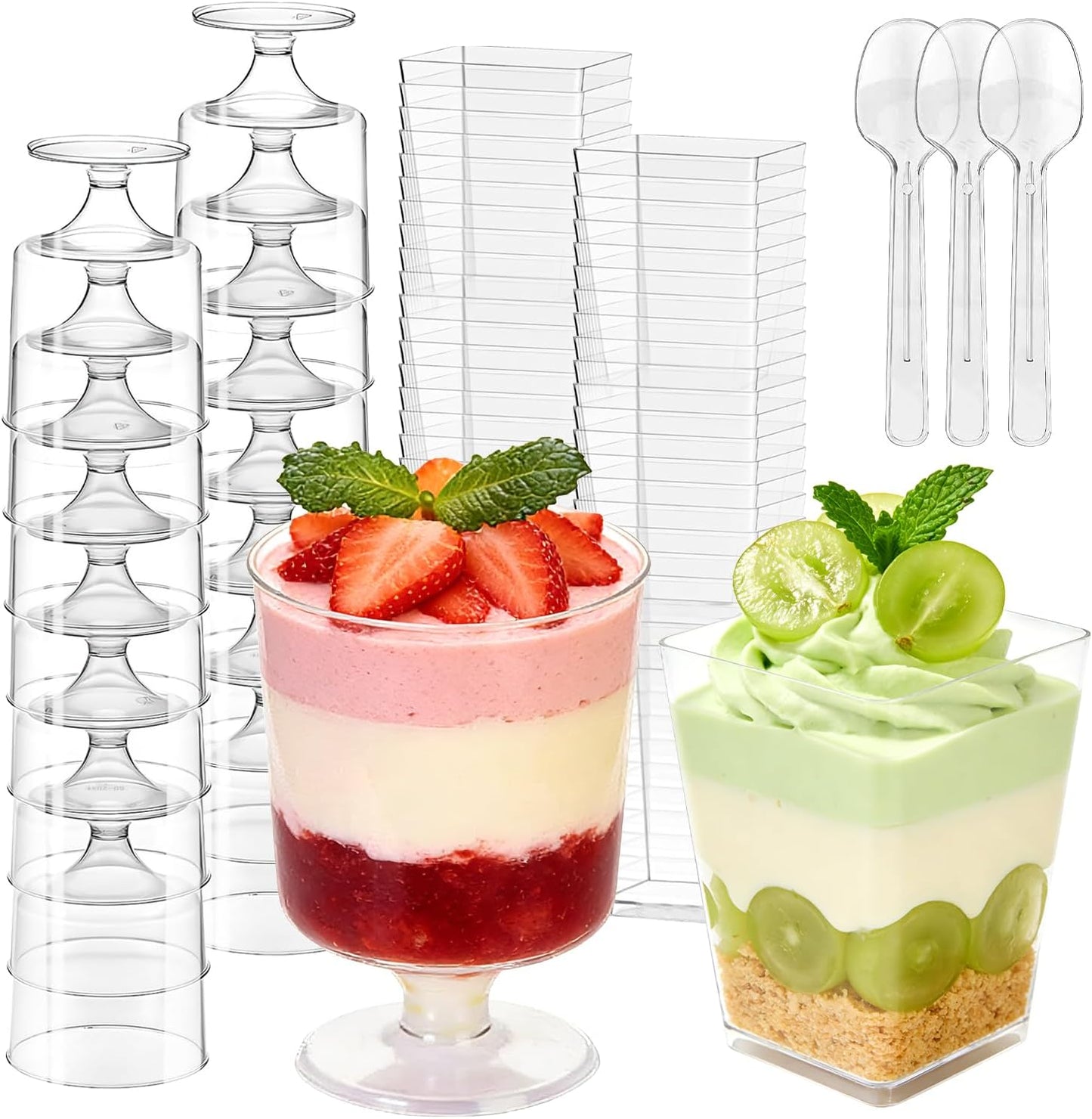 200 Pack 5 oz Plastic Dessert Cups with Spoons, Disposable Goblet Parfait Pudding Jello Shooter Cups for Party Serving