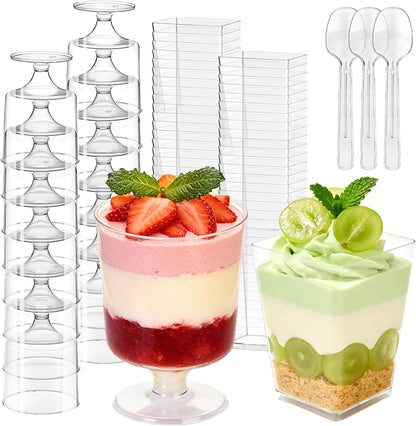 200 Pack 5 oz Plastic Dessert Cups with Spoons, Disposable Goblet Parfait Pudding Jello Shooter Cups for Party Serving