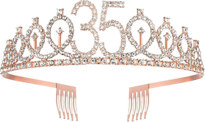 35th Birthday Sash and Tiara for Women, Rose Gold Crown Sash and Tiara for Happy 35th Birthday Party Supplies
