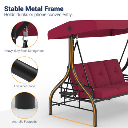 GarveeLife 3-Seat Outdoor Porch Swing with Adjustable Canopy, Convertible Patio Swing Bed with Stand, Thick Cushions & Cup Holders, Weather-Resistant for Backyard, Garden, Porch - Red