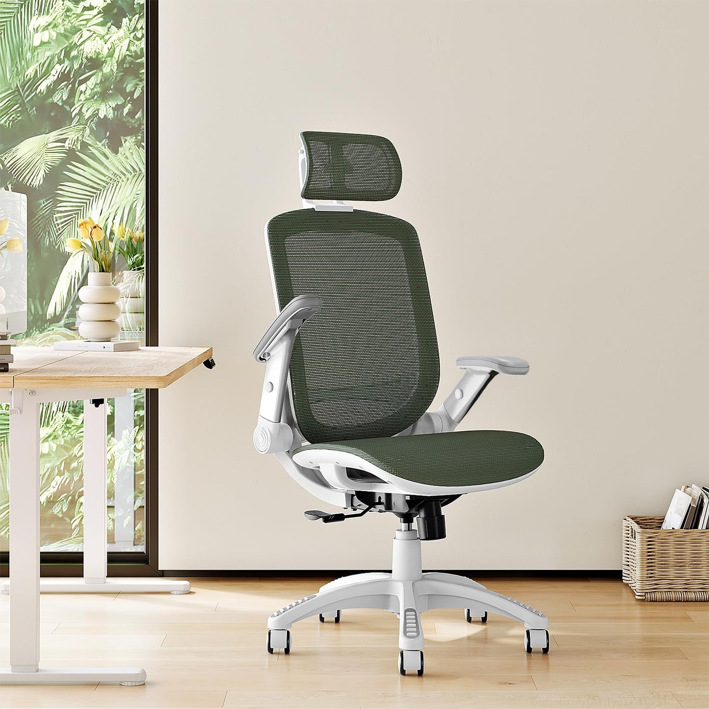 GABRYLLY Ergonomic Office Chair, High Back Home Desk Chair with Headrest, Flip-Up Arms, 90-120° Tilt Lock and Wide Cushion, 300LBS Mesh Chairs for Man Woman, White Task Chair(Olive Green,GY01WOG)