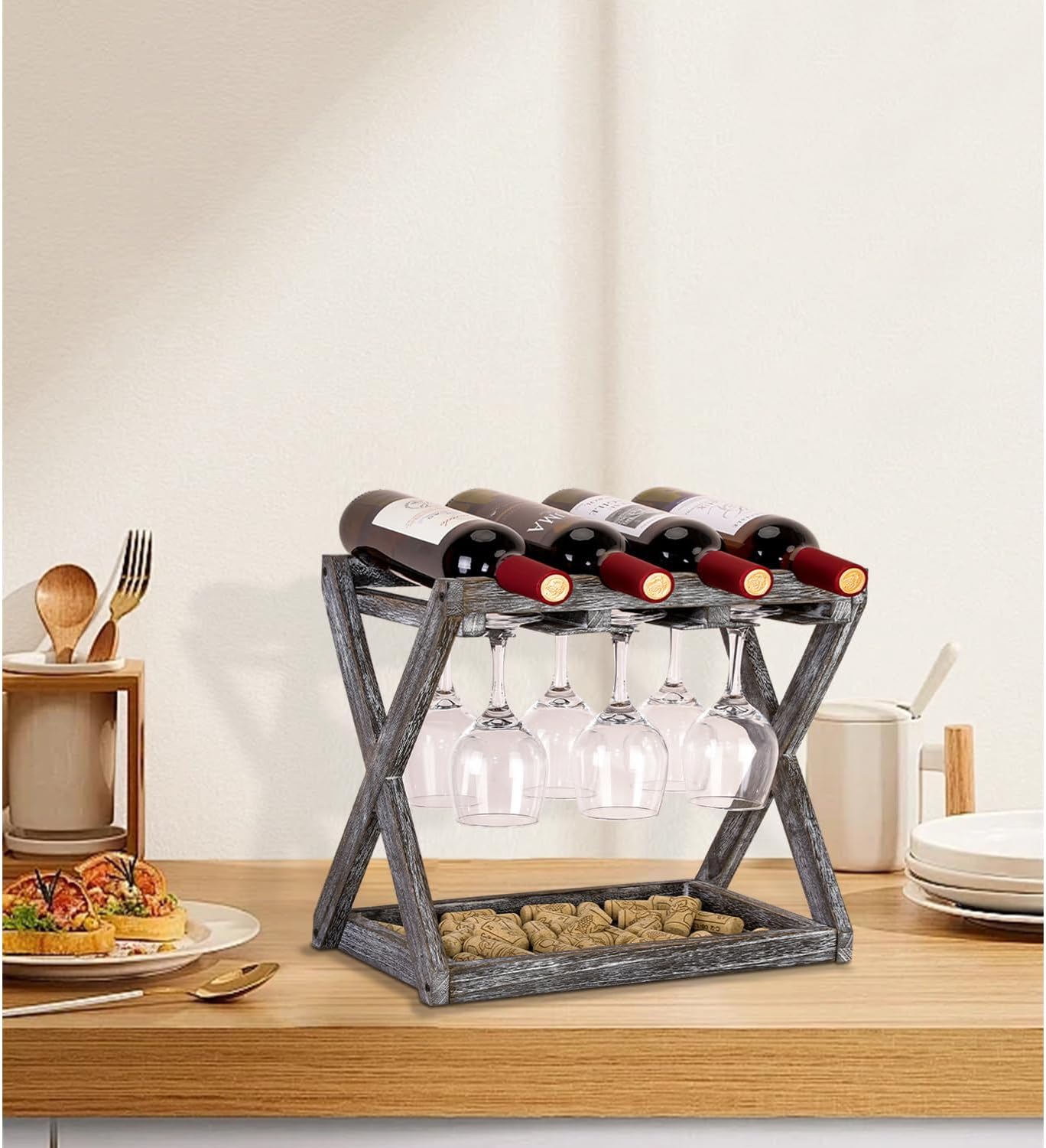 WDSHIYI 4 6 Countertop Rustic Wood Wine Rack for Bottles and Stemware Glass Holder- Wine Racks with Glass Holder, Home