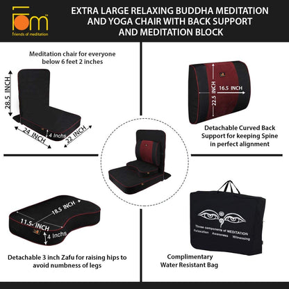 Friends of Meditation Extra Large Meditation Chair | Floor Chair with Back Support | Yoga Chairs for Adults | Portable Folding Chair | Yoga Chair with Cushion & Meditation Block | Black | 24x22 in