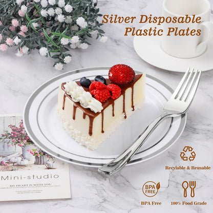 BESTVIP 100PCS Silver Plastic Plates, 10.25 Inch Disposable Dinner Plate Party with Silver Rim for Christmas, Thanksgiving, Heavy Duty Disposable Plastic Plates for Party, Wedding and Birthday, Events