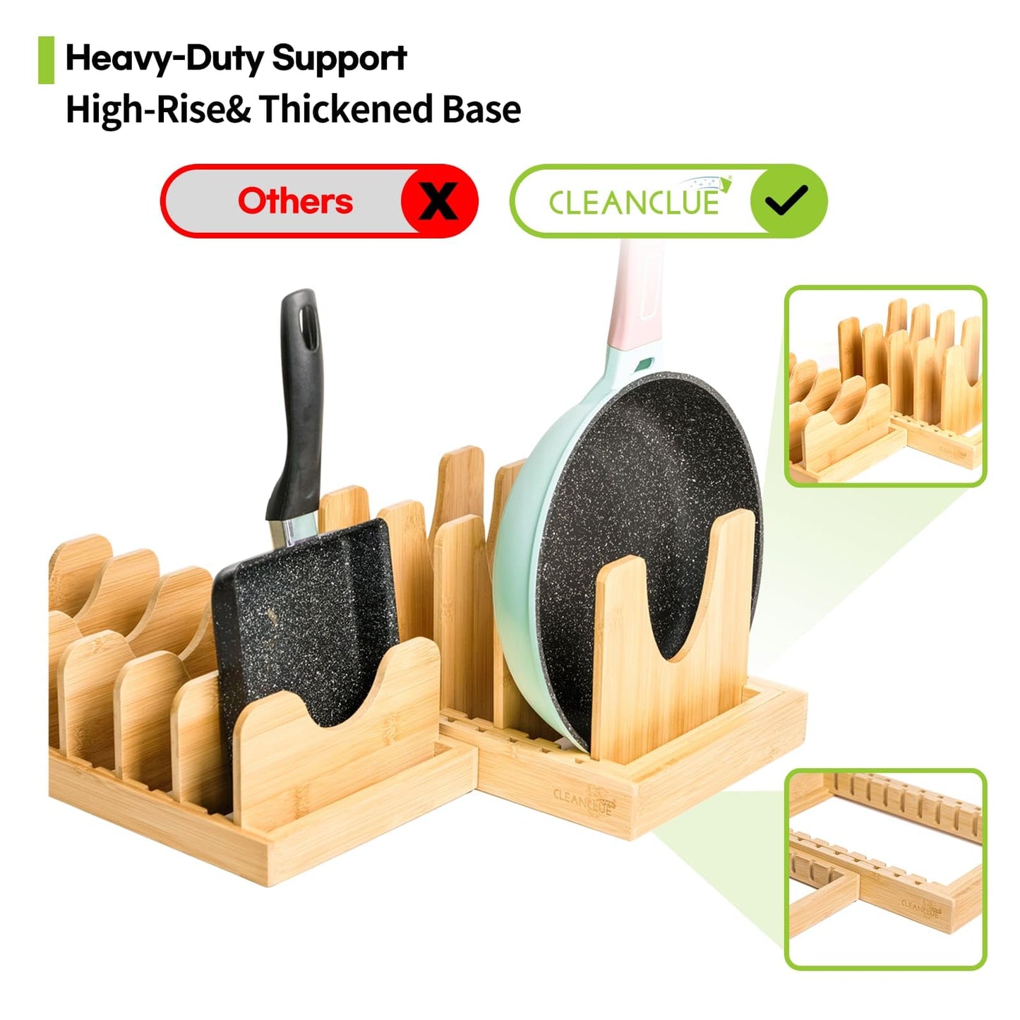 Pots and Pans Organizer under Cabinet, Bamboo Expandable Bakeware and Cutting Board Organizers, Adjustable Pot Lids Holder Rack, Cookie Sheet Baking Pan, Tray Organizer for Kitchen Storage (Natural)