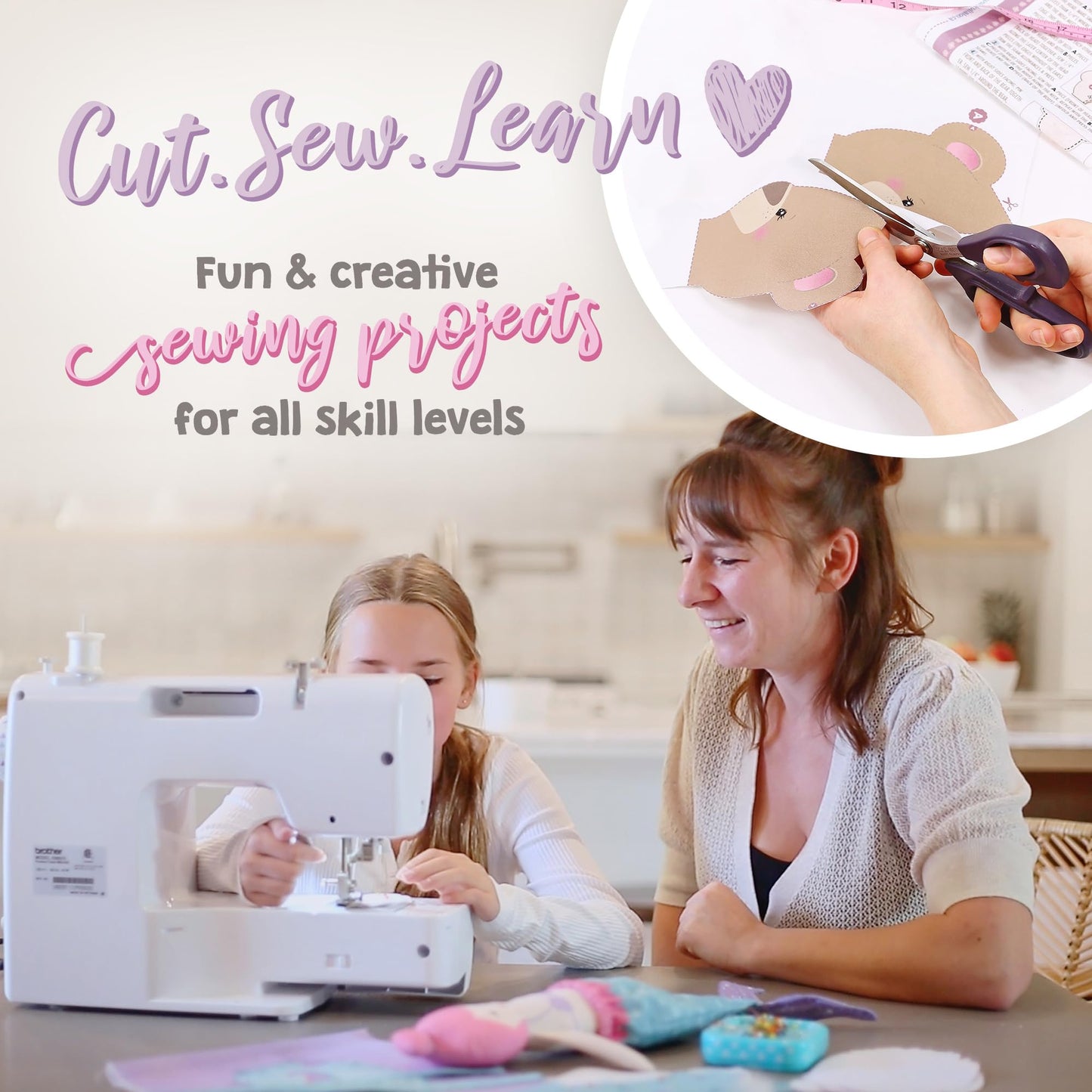 kullaloo - Sewing Kit for Kids & Beginners - Cut & Sew Fabric Panel – Sewing Patterns Pre-Printed on the Fabric - DIY Rag Doll Kit with Clothes - Betsy Bear Sewing Project - Incl. Video Instructions