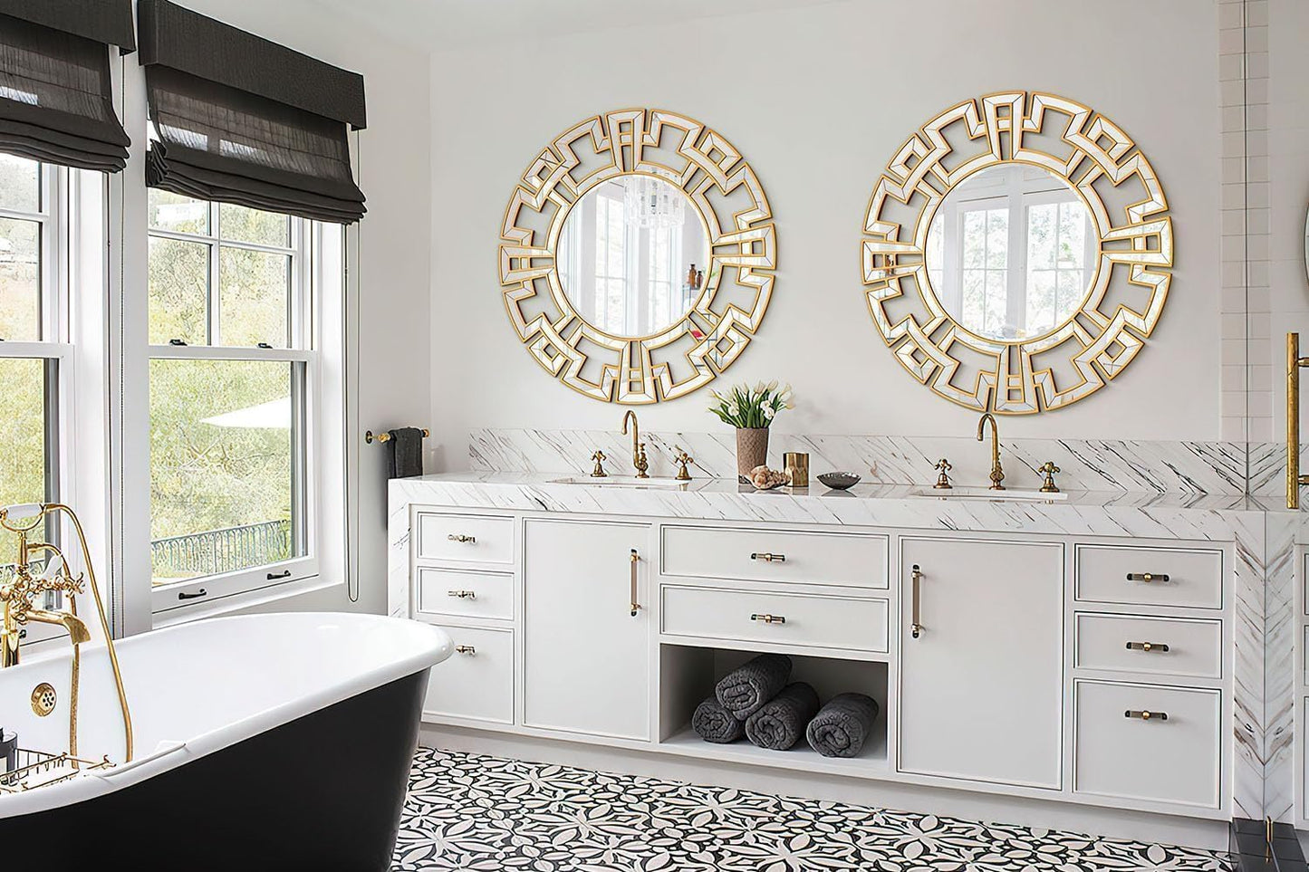 Chende Large Round Mirror, 40'' Modern Living Room Mirrorr with Beveled Glass Edge, Gold Decorative Wall Mirror with Wooden Frame for Dining Room, Entryway, Mantel, Bathroom