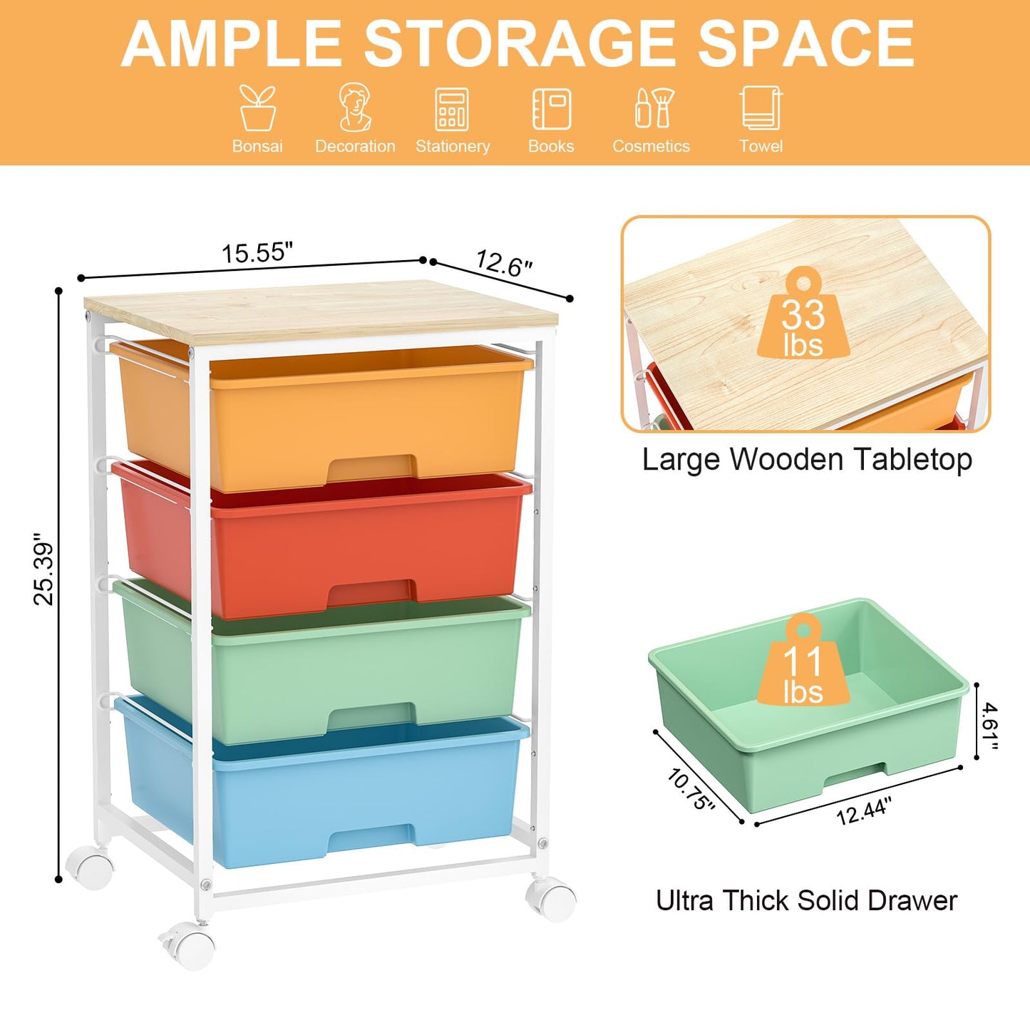 Utility-Rolling-Storage-Drawer-Craft-Cart-Organizer with 4 Drawers and Wooden Tabletop & Lockable Wheels for Home Office, Bedroom, Kids Room, Classroom, 4 Tiers Under Desk Drawer Cart, Macaron
