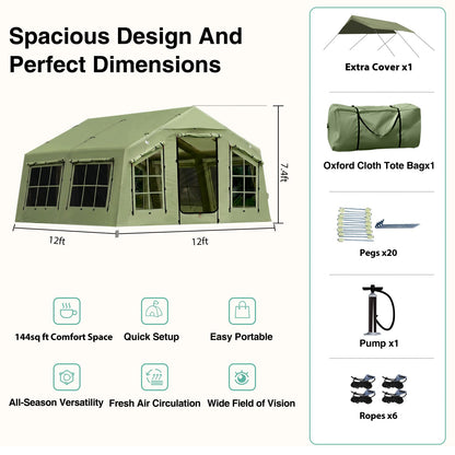 KNUO 2026 Upgraded Waterproof Inflatable Camping Tent for Winter with Rain Cover for 4~6 People, Large Blow-Up Air Tent, No Assembly Needed Luxury Glamping House, 12x12ft Oxford Fabric, Green