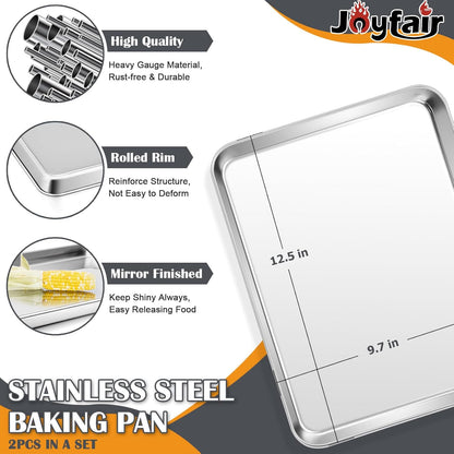Joyfair 12.5inch Baking Pan Set (2Pcs), Professional Stainless Steel Quarter Size Cookie Pans for Toaster Oven Bakeware