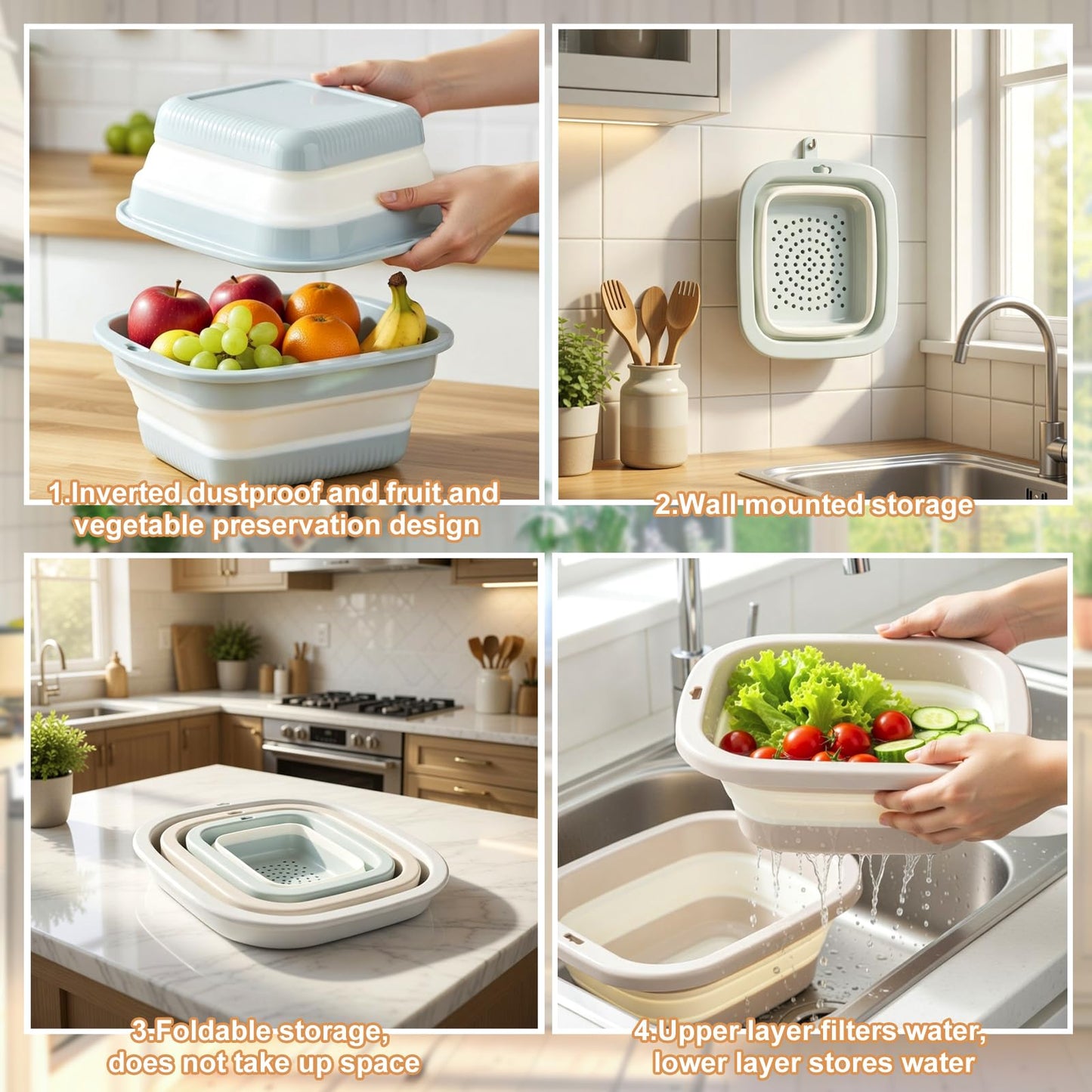 Singhoow 3 Set Collapsible Colander and Sink Basin 2-4-8 Qt Dish Pan and Strainer Set with Drain Holes 2-in-1 Foldable Fruit Vegetable Washing Basket for Kitchen Camping Travel (Green, Pink, Gray)