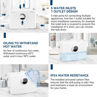 1500W Macerator Pump with Grinding Blade Toilet Pump Utility Sink Pump Upflush to 32.8FT 2800GPH Macerating Toilet System with 5 Water Inlets 1 Outlets for Toilet Sink Shower Laundry Kitchen Basement