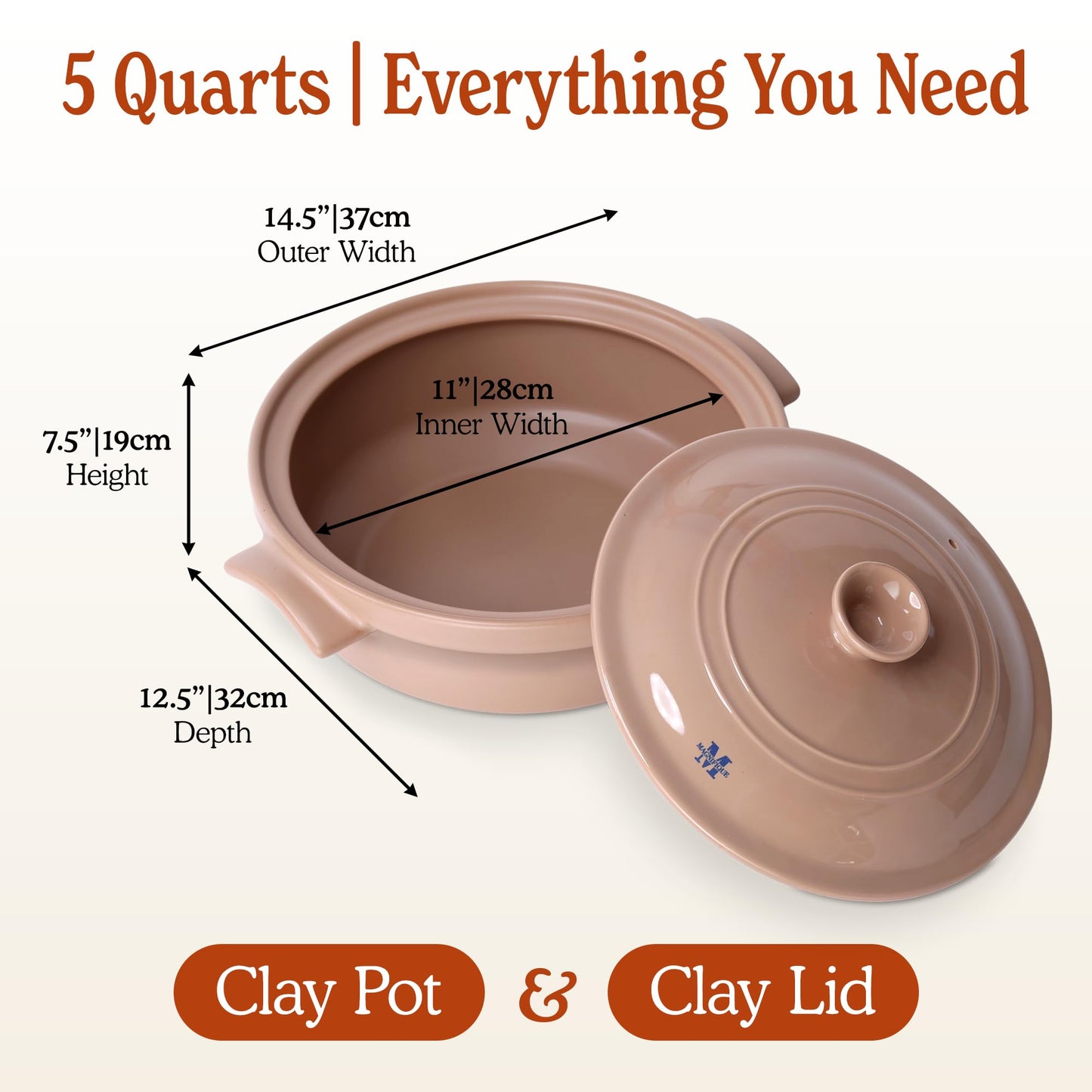 Magnifique 5 Quart Flami Pot with Lid, Natural Clay Pot for Cooking, Non-Toxic PFAS-Free Ceramic Casserole Dish for Oven & Stovetop, Dutch Oven Style for Slow Cooking, Baking & Serving, Brown Sugar