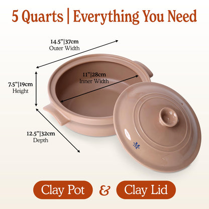 Magnifique 5 Quart Flami Pot with Lid, Natural Clay Pot for Cooking, Non-Toxic PFAS-Free Ceramic Casserole Dish for Oven & Stovetop, Dutch Oven Style for Slow Cooking, Baking & Serving, Brown Sugar