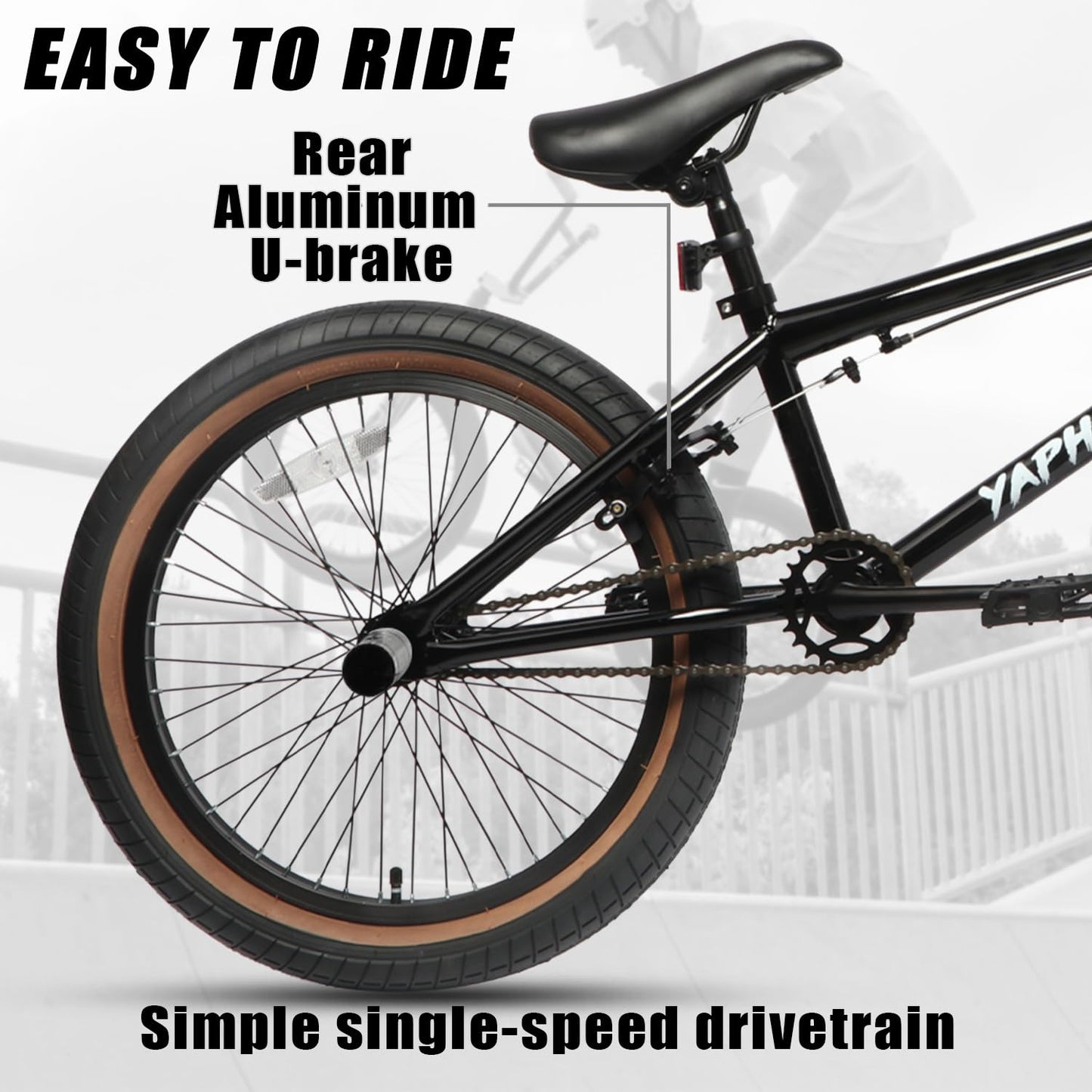 cubsala Freestyle BMX Bike, 20 Inch Yaphet Bicycle for Teen Beginner Adult Riders, Bike with 360° Rotating Handlebar and 4 pegs, Black with Brown Tire