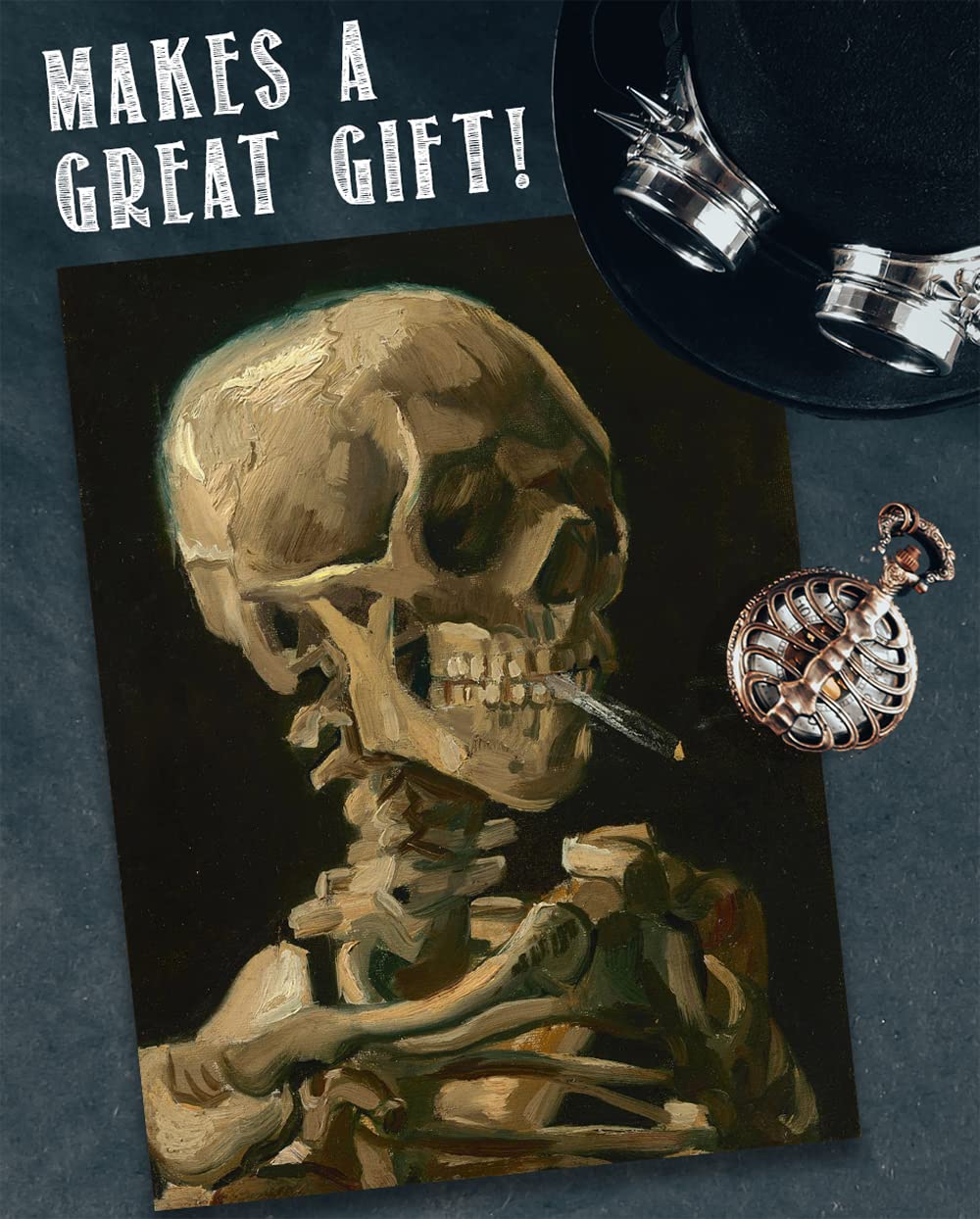 Skeleton Smoking Weed by Vincent Van Gogh 11x14 Unframed Print – Macabre Yet Humorous Gothic Art, Morbidly Rebellious Post-Impressionist Expressionist Decor, Creepy Halloween Dark Humor Aesthetic