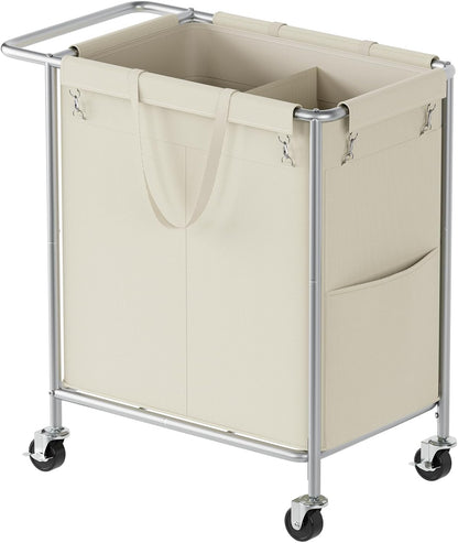 Wheels,160L 2 Chrislley Double Laundry Hamper with Rolling Laundry Basket Section,Steel Frame Laundry Cart with Handle