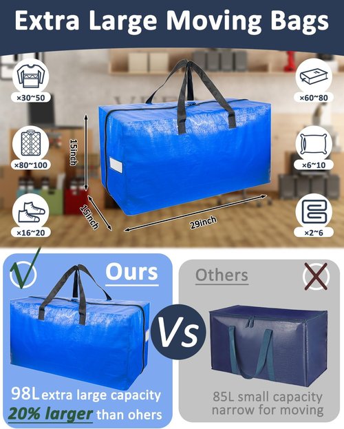 Extra Large Moving Bags - 6 Pack Heavy Duty Storage Totes with Strong Handles & Smooth Zipper