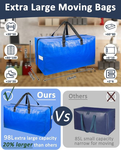 Extra Large Moving Bags - 6 Pack Heavy Duty Storage Totes with Strong Handles & Smooth Zipper